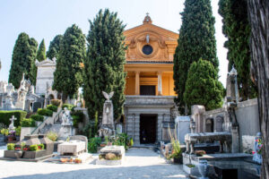 Stone statues in an ancient cemetery, Gothic figures in a crypt