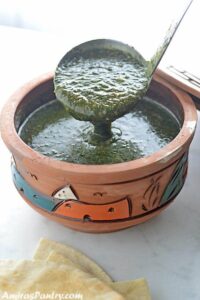 Molokhia, also Mulukhia is a green soup made from minced Jews/Jute mallow leaves and cooked in broth.